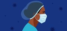 Illustration of nurse wearing mask with flu virus in the air